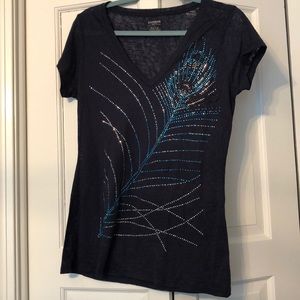 Express Black V-Neck Tee with Blue and Silver Beaded Peacock Feather Design